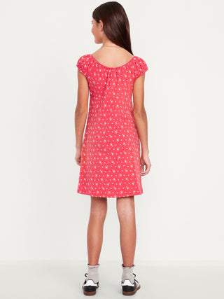 Vestido Manga Corta con Estampado Floral, Niña