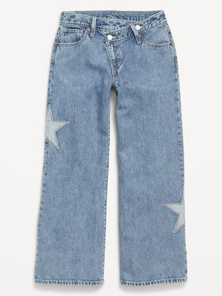 Jeans de patas ancho de crossover bordados súper holgados para niñas.