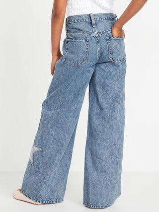Jeans de patas ancho de crossover bordados súper holgados para niñas.