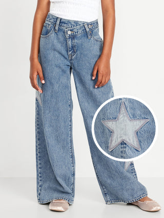 Jeans de patas ancho de crossover bordados súper holgados para niñas.