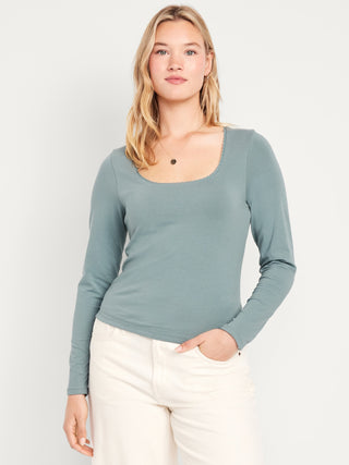 Blusa Ajustada Cuello Redondo de Algodón