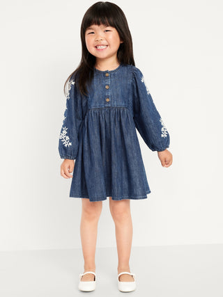 Vestido Denim con Bordado Floral, Bebé