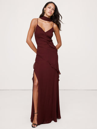 Vestido Largo con Volantes y Detalle Bufanda
