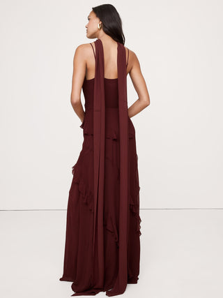 Vestido Largo con Volantes y Detalle Bufanda