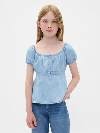 Blusa Denim Manga Corta con Botones, Niña
