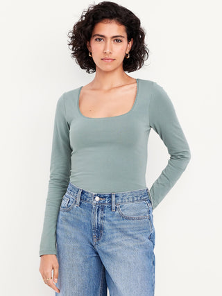 Blusa Ajustada Cuello Redondo de Algodón