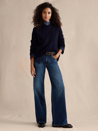Jeans Acampanado Talle Alto con Bolsillos