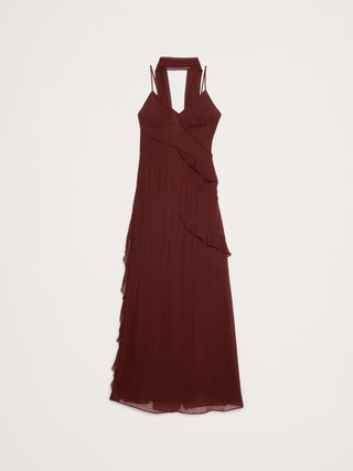 Vestido Largo con Volantes y Detalle Bufanda