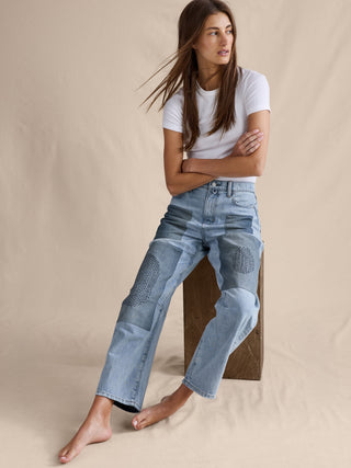 Jeans Barrel Talle Medio Detalle Parches