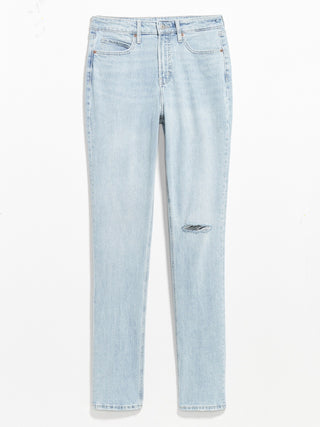 Jeans Rectos Talle Alto con Detalle Desgastado