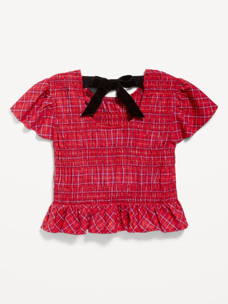 Blusa Manga Corta Fruncida Estampado Cuadros, Niña