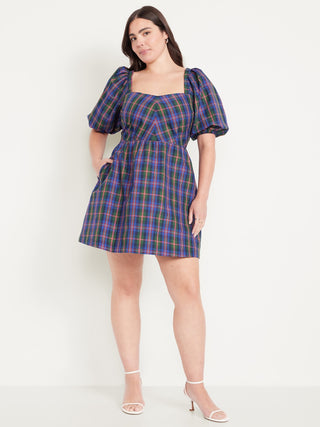 Vestido Mangas Abullonadas Estampado Cuadros