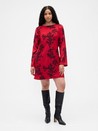 Vestido Manga Larga con Estampado de Satén