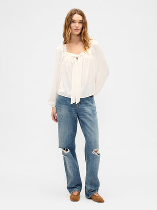 Camisa Oversize Manga Larga con Detalle Encaje