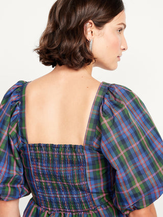 Vestido Mangas Abullonadas Estampado Cuadros