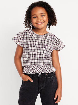Blusa Manga Corta Fruncida Estampado Cuadros, Niño