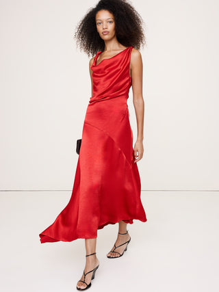 Vestido Drapeado con Tirantes Tejido de Satén