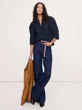 Camisa Cuello V Manga Larga de Algodón