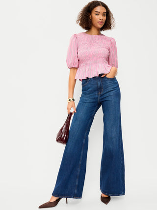 Blusa Peplum con Mangas Abullonadas y Fruncido