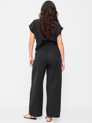 High Waist Crinkled Effect Pants with Pockets