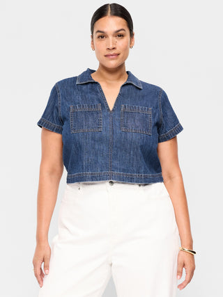 Camisa Denim Manga Corta con Bolsillos