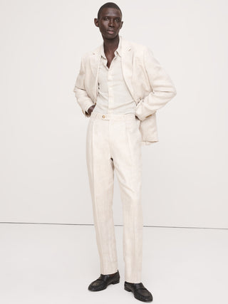 Pantalón de traje entallado de lino con diseño de espiguilla.