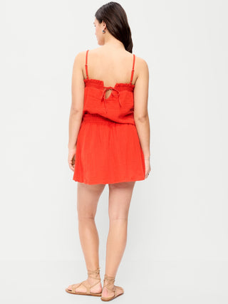 Minifalda pantalón de gasa arrugada con cintura con volantes.