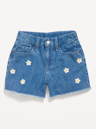 Shorts vaqueros con dobladillo deshilachado y bordado de cintura alta para niñas.