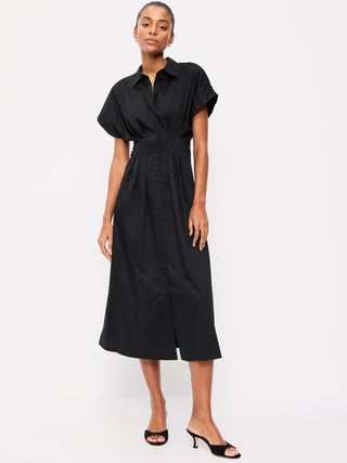 Vestido camisero midi con cintura fruncida.
