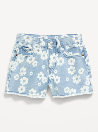 Shorts vaqueros con dobladillo deshilachado y estampado de cintura alta para niñas.