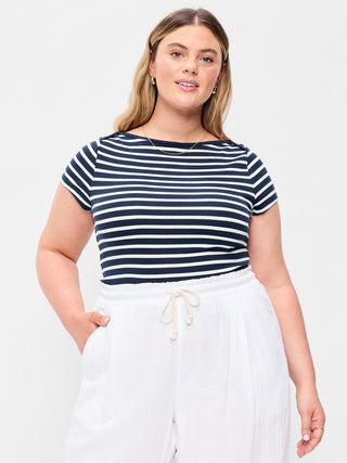 Camiseta Ajustada con Cuello Barco Estampado Rayas