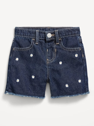 Shorts vaqueros con dobladillo deshilachado bordados para niñas pequeñas.