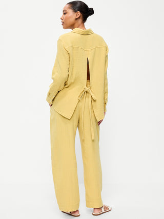 High Waist Crinkled Effect Pants with Pockets