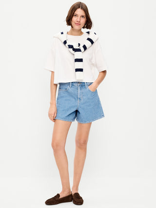 Short Denim Holgado Talle Alto con Bolsillos