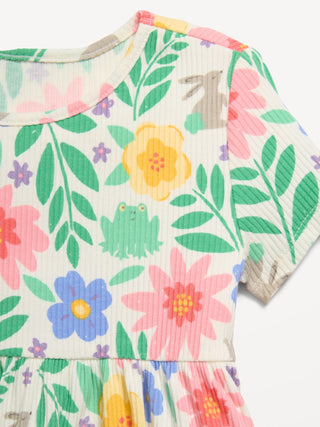 Vestido Manga Corta Canalé con Estampado, Bebé