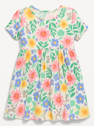 Vestido Manga Corta Canalé con Estampado, Bebé