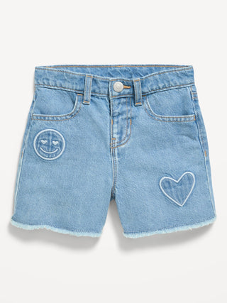 Shorts vaqueros con dobladillo deshilachado bordados para niñas pequeñas.