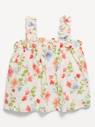 Top estampado sin mangas con volantes para niñas pequeñas.