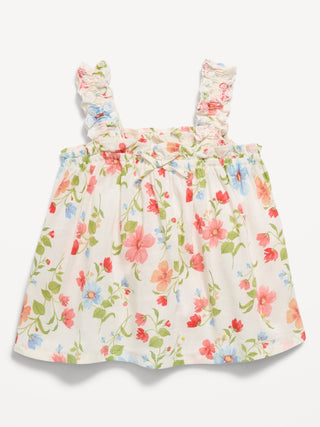 Top estampado sin mangas con volantes para niñas pequeñas.