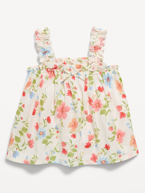 Top estampado sin mangas con volantes para niñas pequeñas.
