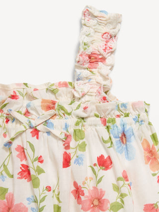 Top estampado sin mangas con volantes para niñas pequeñas.