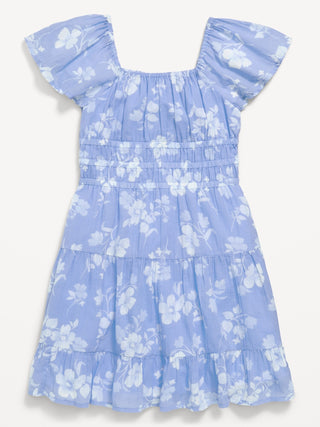Vestido escalonado de gasa arrugada entallado y con vuelo para niñas.