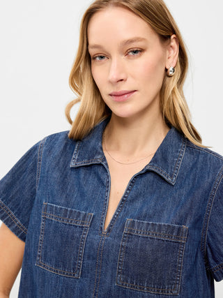 Camisa Denim Manga Corta con Bolsillos