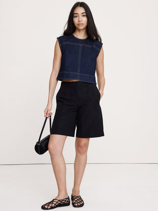 Camisa Denim sin Mangas con Detalle Costuras