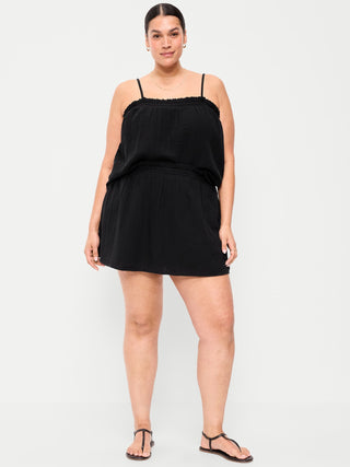 Minifalda pantalón de gasa arrugada con cintura con volantes.