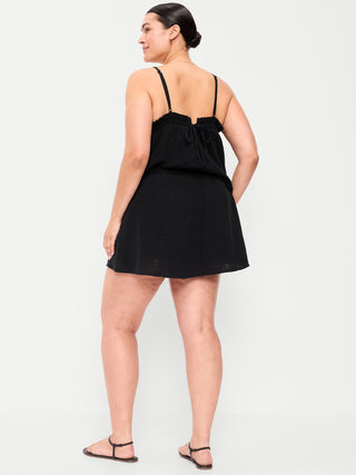 Minifalda pantalón de gasa arrugada con cintura con volantes.