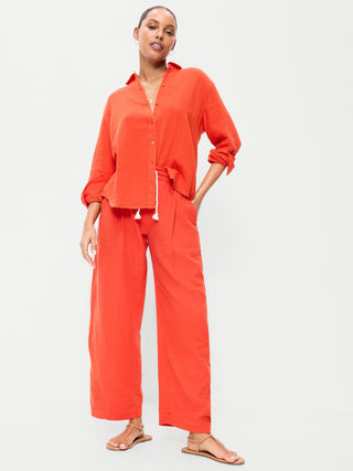 High Waist Crinkled Effect Pants with Pockets