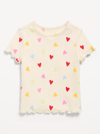 Camiseta estampada de manga corta con borde de lechuga para niñas pequeñas.