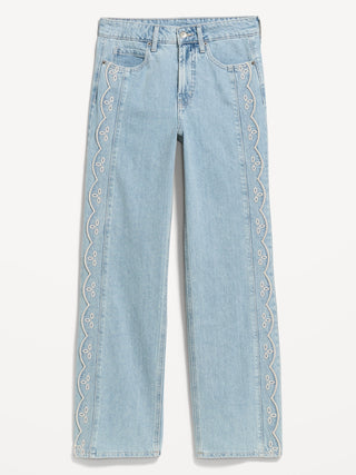 Jeans anchos bordados con cintura extra alta.