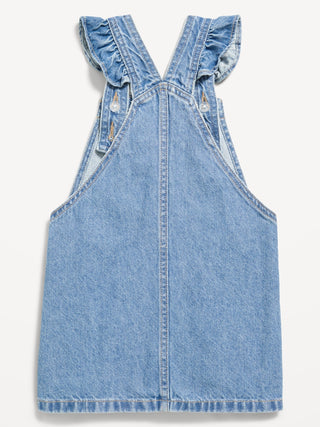 Vestido falda estilo jean con ribete de volantes para niñas pequeñas.